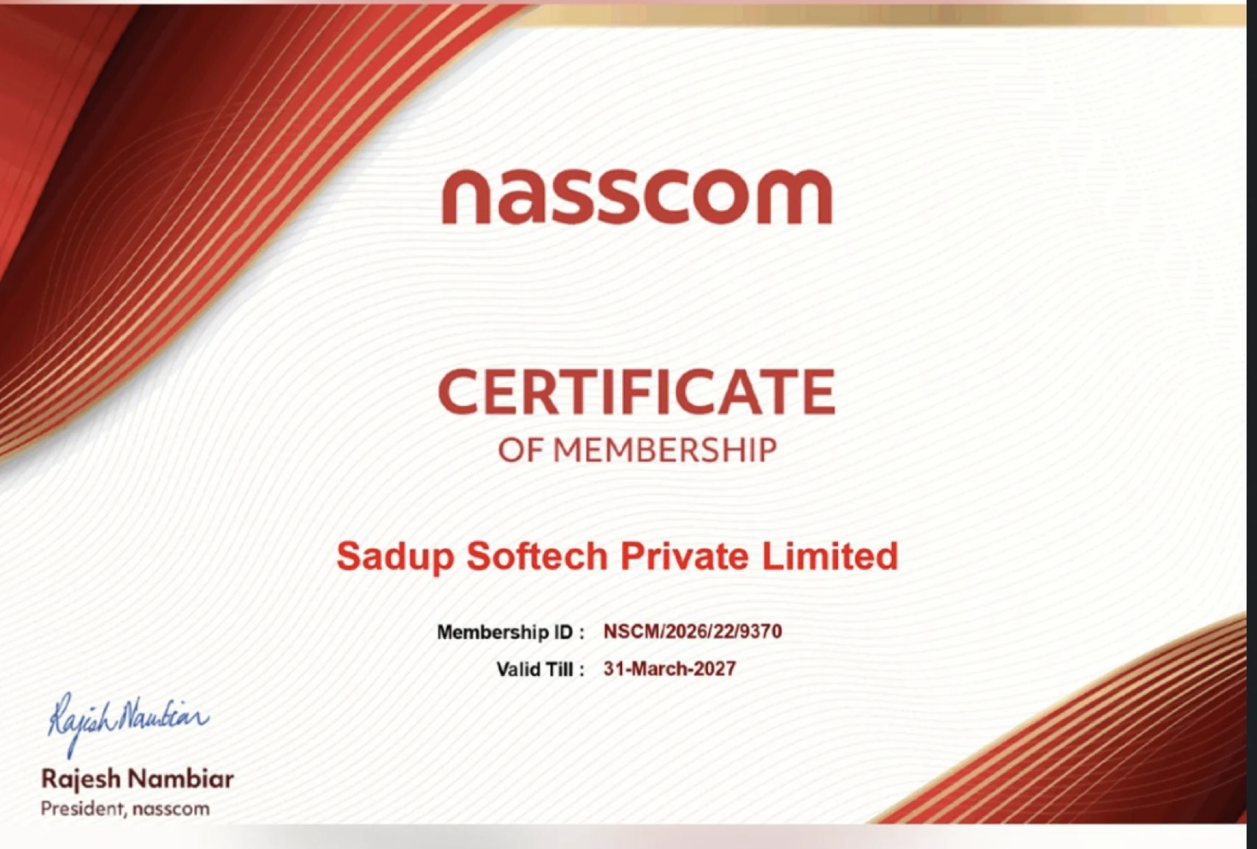 NASSCOM Certificate of Membership